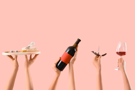 Female hands holding bottle of wine, cheese and corkscrew on pink backgroundの写真素材