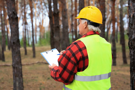 Senior forester taking notes on clipboard in forest, back view