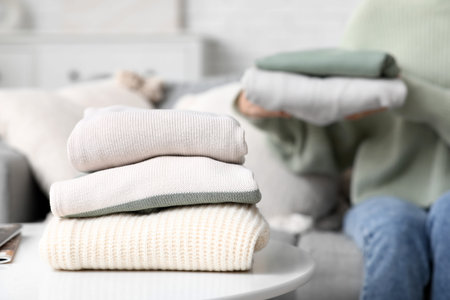 Stack of warm sweaters on table against woman sitting on sofa at home, closeup