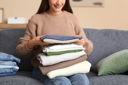 Young woman with stack of clothes sitting on sofa at home, closeupの写真素材