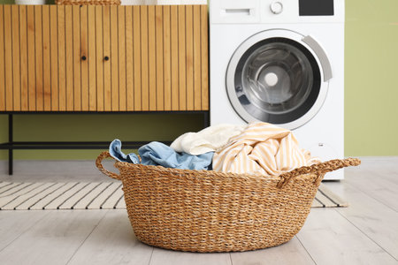 Wicker basket full of dirty clothes in laundry room, closeupの写真素材