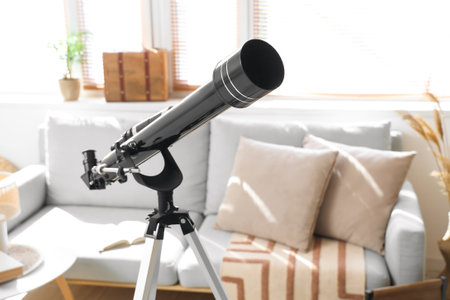 Modern telescope in living room, closeupの写真素材