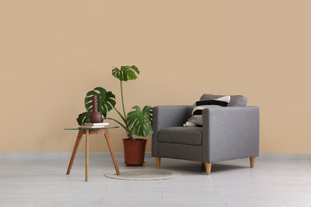 Armchair, houseplant and coffee table near beige wall in roomの写真素材