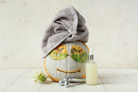Pumpkin with drawn face, clay mask, under-eye patches, towel, bottle of essential oil and flowers on tile table near light wallの写真素材