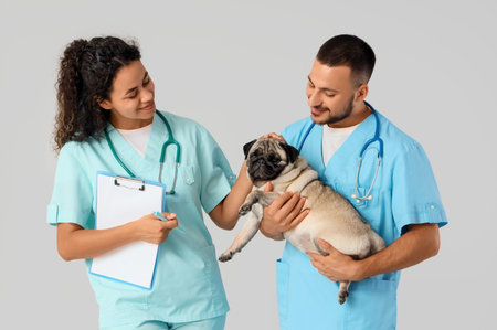 Young veterinarians with pug dog on light background