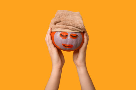 Woman holding funny pumpkin with cosmetic mask and towel on yellow background, closeupの写真素材