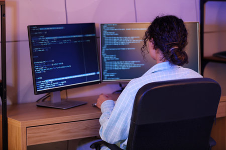 Young African-American QA engineer working with computer in office at night, back view