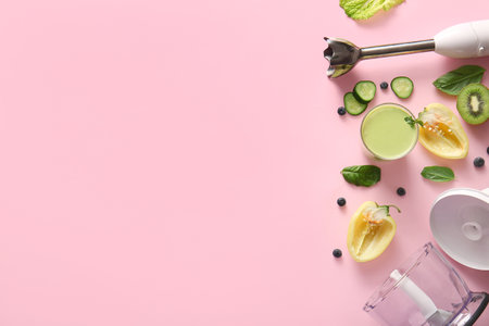 Modern blender with glass of smoothie, vegetables, fruits and berries on pink backgroundの写真素材