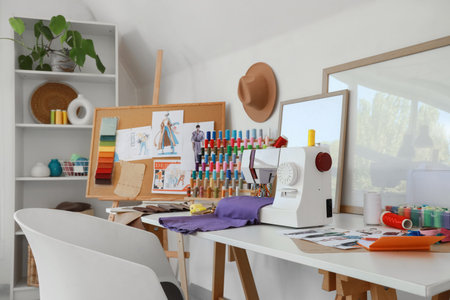 Fashion designer's workplace with sewing machine and thread spools in studio