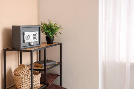 Modern safe with plant on shelf in officeの写真素材