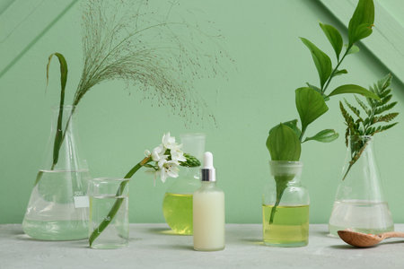 Laboratory glassware with ingredients and samples for preparing natural cosmetics on gray table near green wallの写真素材