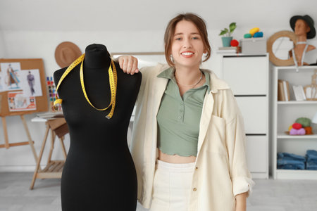 Female fashion designer with mannequin in studioの写真素材