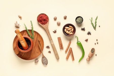Composition with fresh spices on color backgroundの写真素材