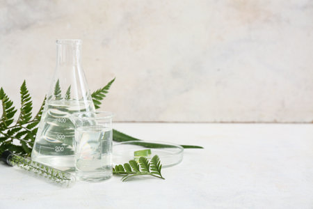 Laboratory glassware with samples and plants for preparing natural cosmetics on white table near grunge wallの写真素材