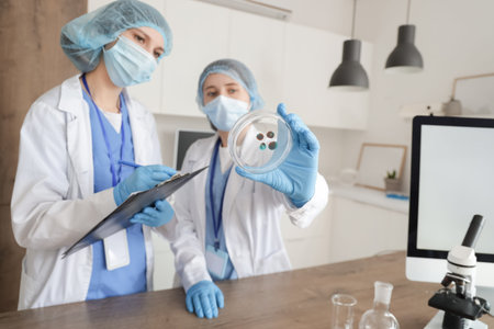 Female scientists working with Petri dish in laboratory