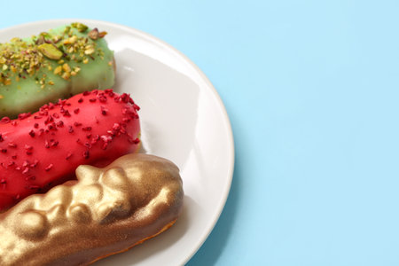 Plate with tasty glazed eclairs on color backgroundの写真素材
