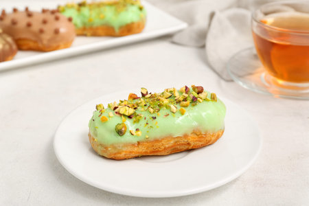 Plate with sweet eclair and tea on light background
