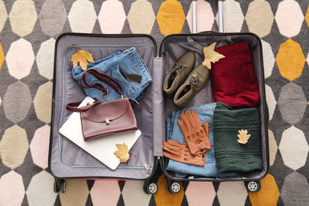 Open suitcase with bag, modern laptop and autumn leaves on carpet. Travel concept