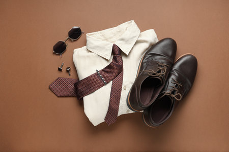 Stylish men's accessories with shirt and shoes on brown backgroundの写真素材