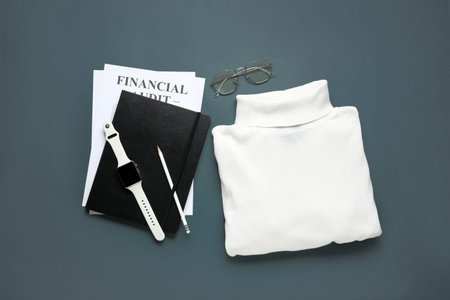 Stylish men's accessories and clothes on gray background