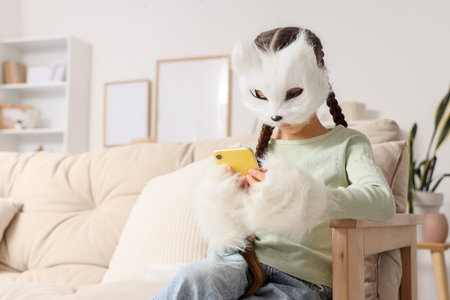 Quadrober girl in cat mask using mobile phone on sofa at homeの写真素材