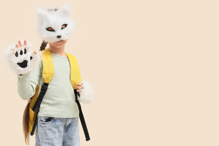 Quadrober girl in cat mask with backpack on beige backgroundの写真素材