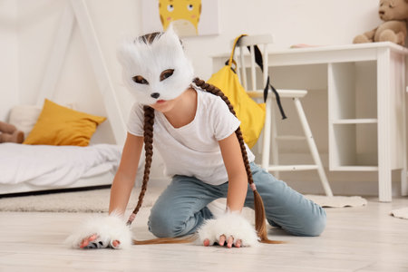 Quadrober girl with cat mask on floor in bedroomの写真素材