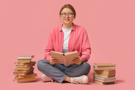 Beautiful young happy woman in eyeglasses with many books sitting on pink background