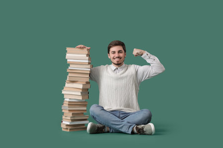 Young man with stack of books showing muscles on green background
