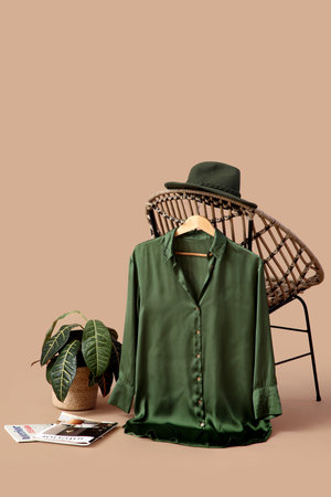 Hanger with stylish female blouse hanging on armchair, hat, houseplant and magazines against color backgroundの写真素材
