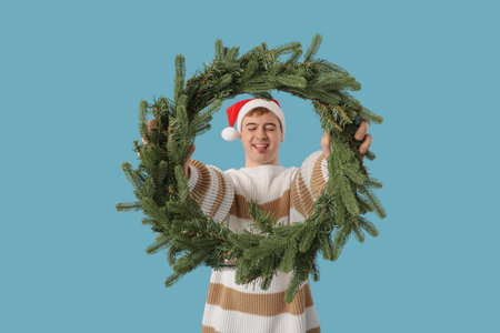Young man with Christmas wreath on blue backgroundの写真素材