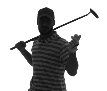 Silhouette of male golf player on white backgroundの写真素材