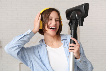 Beautiful young woman in headphones with modern vacuum cleaner at homeの写真素材