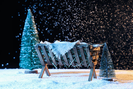 Manger with baby Jesus and Christmas trees on snow against dark backgroundの写真素材