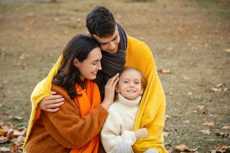 Happy family with warm blanket sitting on picnic in beautiful autumn parkの写真素材