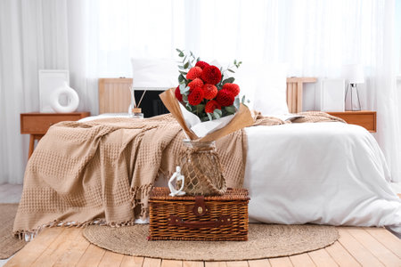 Jar with red dahlia flowers on wicker basket in bedroomの写真素材