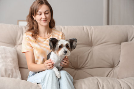 Young woman with cute Biewer Terrier dog sitting on sofa at homeの写真素材