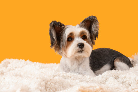 Cute Biewer Terrier dog lying on soft plaid against yellow background