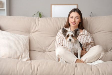 Young woman with cute Biewer Terrier dog sitting on sofa at homeの写真素材