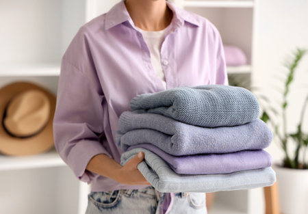 Young woman holding warm sweaters in dressing room. Closeup