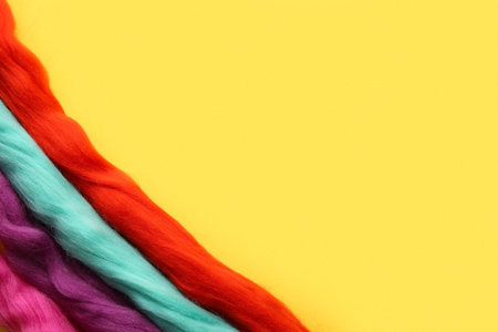 Set of colorful wool for felting on yellow background