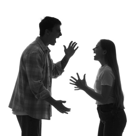 Silhouette of quarrelsome couple on white background. Domestic violence concept