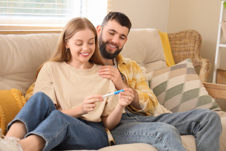 Happy young couple with pregnancy test sitting on sofa at home