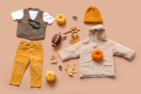 Set of stylish kids clothes with rugby ball, pumpkins and autumn leaves on brown backgroundの写真素材