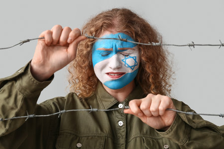Young woman with painted flag of Israel on her face behind barbed wire against light background. International Holocaust Remembrance Dayの写真素材
