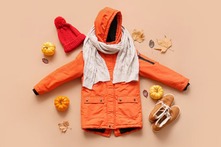 Set of stylish kids clothes with pumpkins and autumn leaves on brown backgroundの写真素材