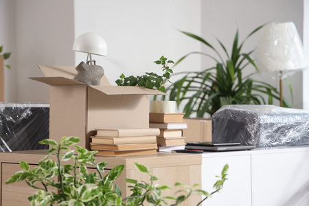 Moving box with books on desk in officeの写真素材