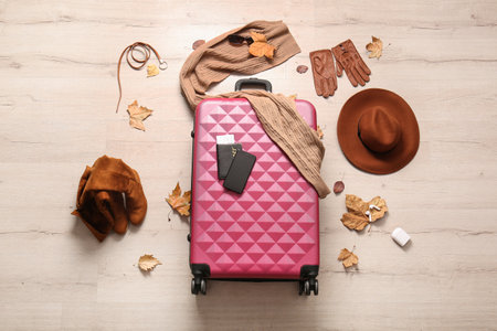 Pink suitcase with different accessories, passport, mobile phone and autumn leaves on the floor. Travel conceptの写真素材
