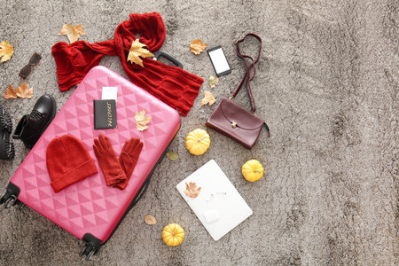 Pink suitcase with accessories, passport, mobile phone, modern laptop, pumpkins and autumn leaves on gray carpet. Travel conceptの写真素材