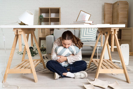 Young woman with pillow hiding under table in living room during earthquakeの写真素材